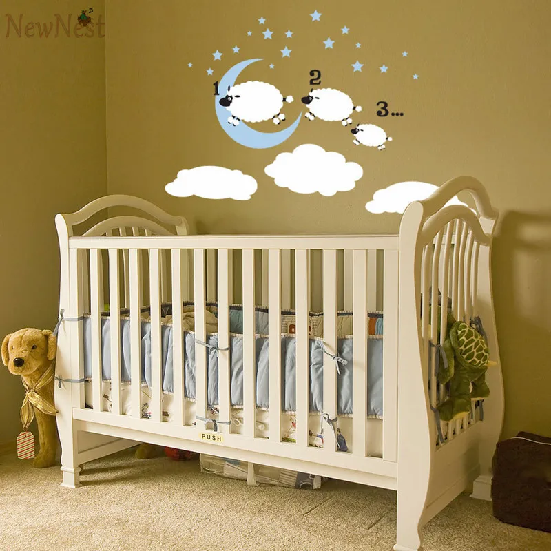 Sheep Lamb Wall Art Prints Baby Boy Moon Star Nursery Decor