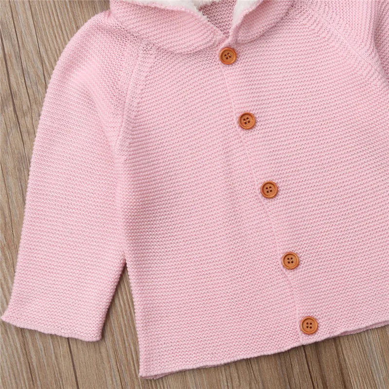 Одежда для новорожденных мальчиков и девочек, однотонный вязаный свитер с капюшоном и пуговицами, милая хлопковая верхняя одежда с длинными рукавами, 1 предмет