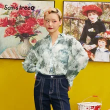 Samstree Tie Dye женские рубашки с принтом, осень, модные уличные женские блузки с длинным рукавом, винтажные свободные топы в Корейском стиле