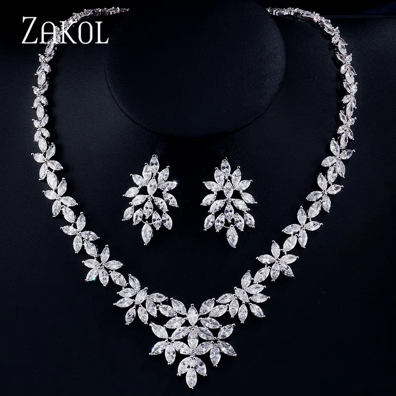 

ZAKOL Elegant Simulated Pearl Bridal Jewelry Sets Wedding Jewelry Leaves Silver Plated Necklaces Earrings Sets Wholeseal FSSP166