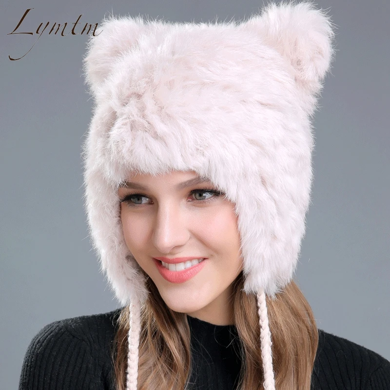 Skup Nowy piękny niedźwiedź ucha Skullies czapki prawdziwe futro królika reks tkaniny dzianiny kapelusze zimowe ciepłe miękkie stałe czapki śnieg kobiety kapelusz