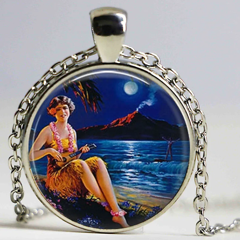 

Handmade Fine Jewelry Silver Plated Chain 25 mm Glass Dome Pendant Hawaiian Hula Girl with Ukelele and Surfer Necklace Pendant
