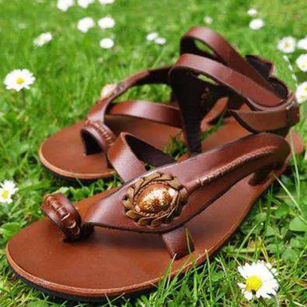 

SHUJIN 2019 PU Retro Womens Ladies Fashion Open Toe Crystal Flat Strap Buckle Strap Beach Shoe Roman Sandals #0.7