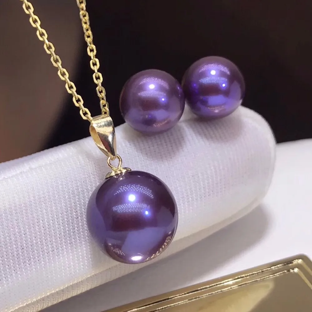

Fine Jewelry 18 K Gold Fresh water Purple Pearls Pendant Necklace and Earrings Jewelry sets