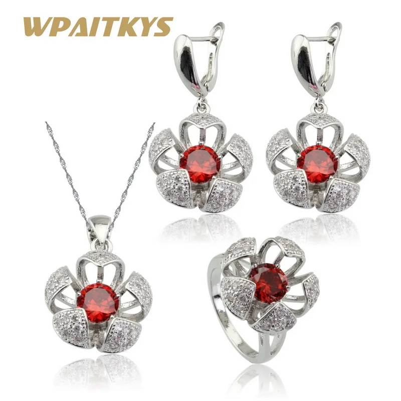 

WPAITKYS 2017 New Flower Red Zirconia White Stones Silver Color Women Jewelry Sets Necklace Pendant Earrings Rings Gift Box