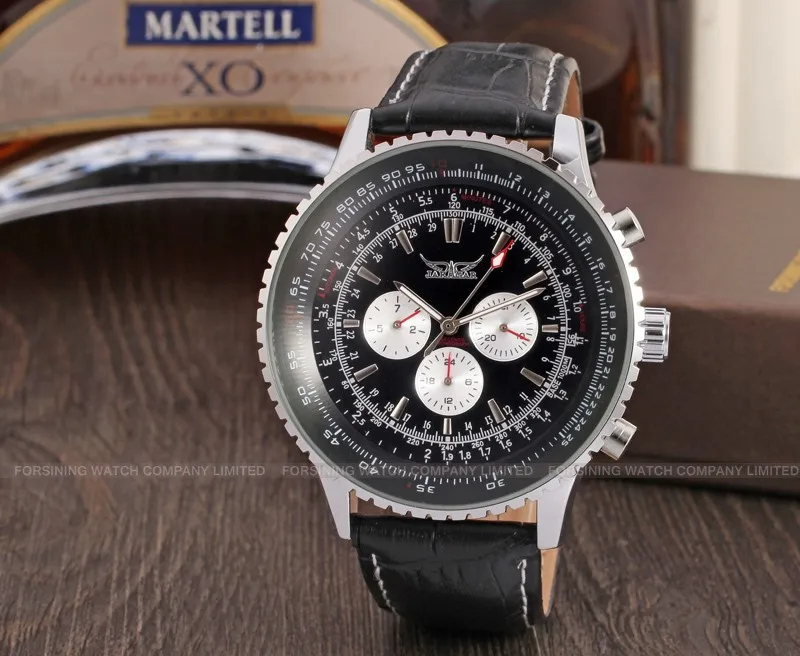 JAG6907M3S1 новые мужские автоматические Модные нарядные часы серебряные цветные наручные часы с черным кожаным ремешком