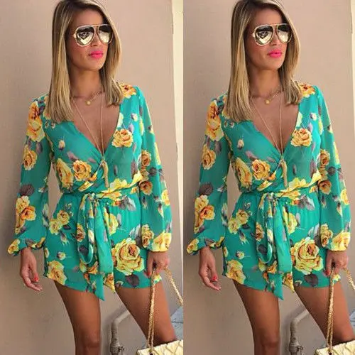 Womens-Floral-Clubwear-Playsuit-Bodysuit-Party-Jumpsuit-Romper-Chiffon-Shorts-US