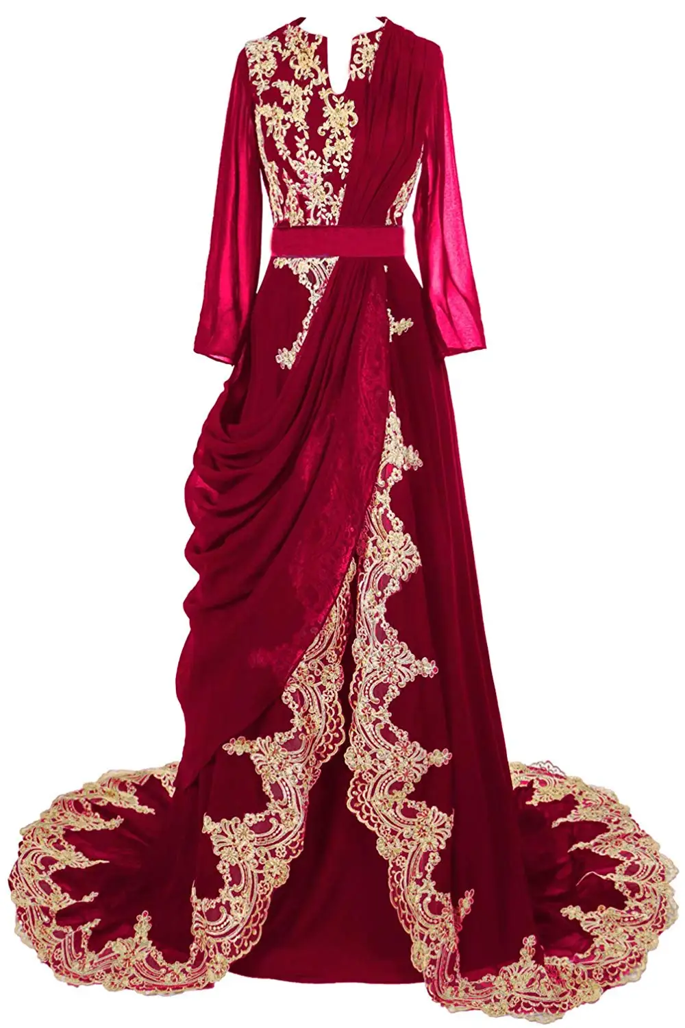 JaneVini арабский длинным рукавом Для женщин платье для выпускного вечера с золотыми кружевами элегантные длинные бордовые платья подружек невесты Кафтан Дубай вечерние платья