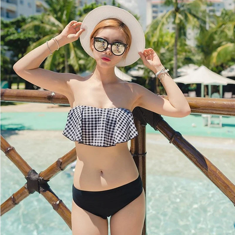

2017 Sexy Plaid Tops+Pure Bottom Swimwear Women Flouncing Bandeau Bikinis Woman Ruffles Swimsuit Falbala Swim Wear Bathing Suit