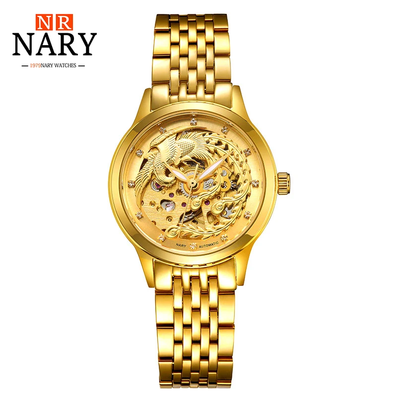 

Luxury Brand NARY Golden Watches Women automatic mechanical Watch Women Skeleton Rhinestones female Waterproof phoenix watch