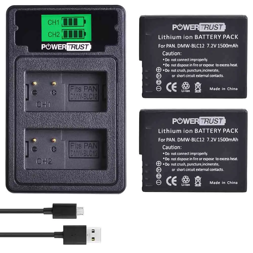 PowerTrust DMW-BLC12 DMW-BLC12E батарея+ ЖК USB двойной зарядное устройство для Panasonic Lumix DMC-FZ200, FZ300, FZ1000, FZ2500, G5, G6, G7, GX8 - Цвет: 2Pack