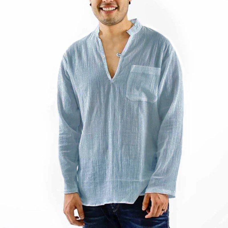 Брендовые пляжные повседневные мужские рубашки из хлопка и льна с карманами, белые футболки топы Осенняя рубашка блузка сорочка Hombre