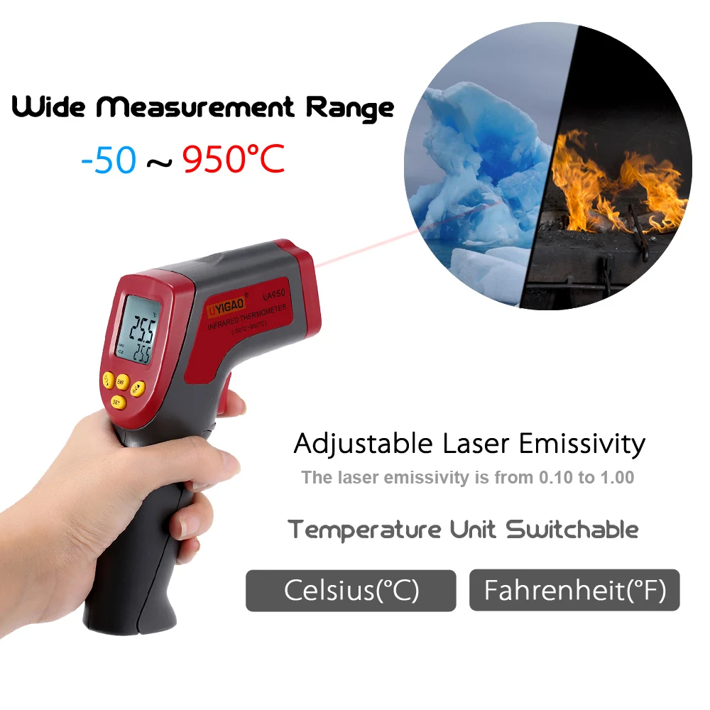 UYIGAO-50~ 950C цифровой инфракрасный термометр 12:1 ручной температурный тестер пирометр с подсветкой Регулируемая излучательная способность