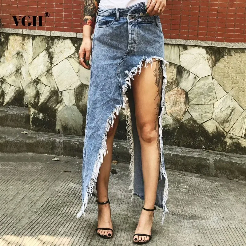 Beste VGH Kwastje Denim vrouwen Cowboy Rok Blue High Street Onregelmatige Hoge Taille Rechte Vrouwen Rok 2019 Zomer Mode Toevallige nieuwe