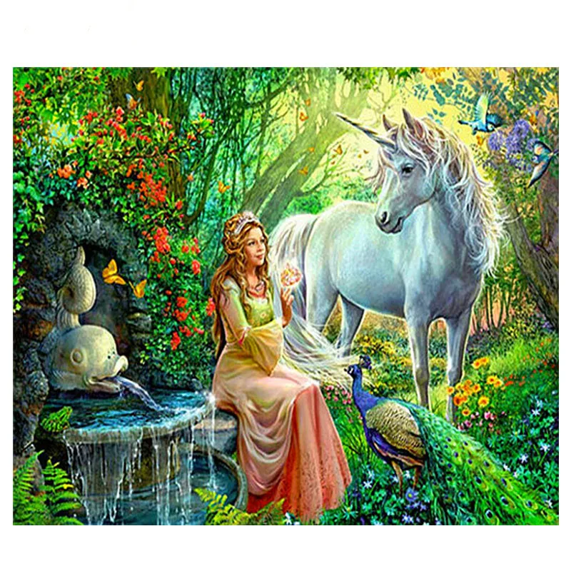 Набор для самостоятельной сборки 5d Diamante Bordado Pintura de Ponto Cruz unicórnio Elf menina Feericamente cenаrio
