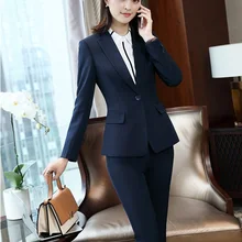 Темно-синий Блейзер Женский деловой костюм формальный деловой костюм для офиса женские брюки и куртка комплект Unform Styles