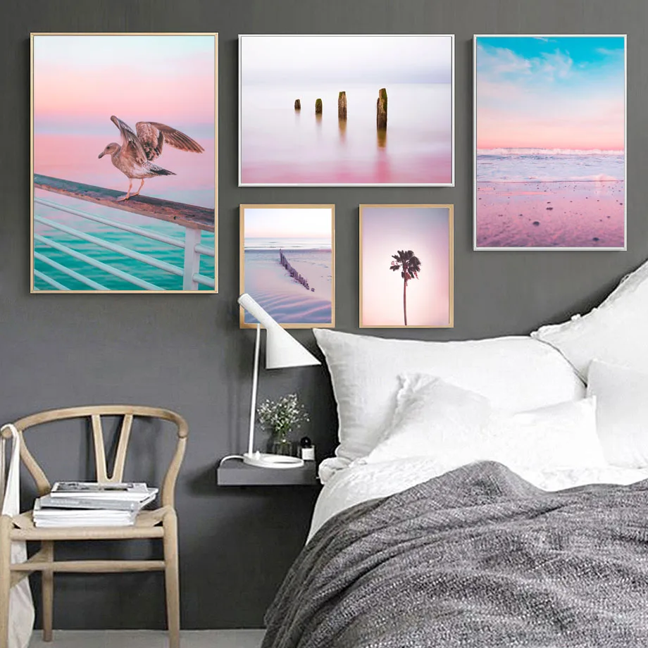 

Blue Sea Pink Sky Beach Tree Seagull Wall Art Canvas Painting Nordic Posters And Prints Wall Pictures For Living Room Wall Decor