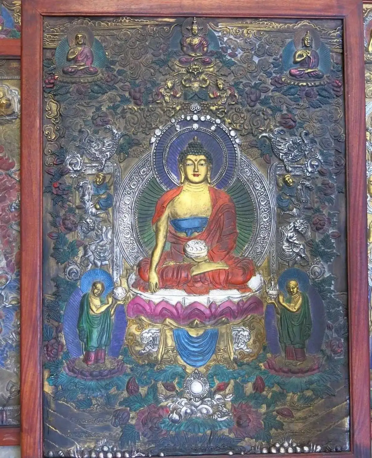 

44" Tibet wood copper gild silver five buddha Medicine Buddha Thangka Statue