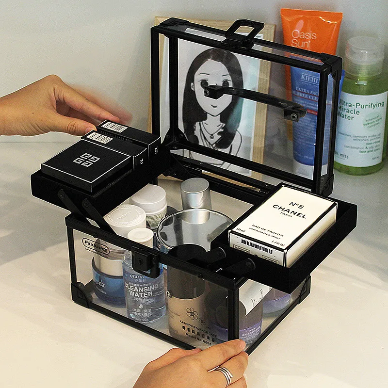 

Large capacity portable aluminum cosmetic case portable multi-layer professional transparent Beauty box