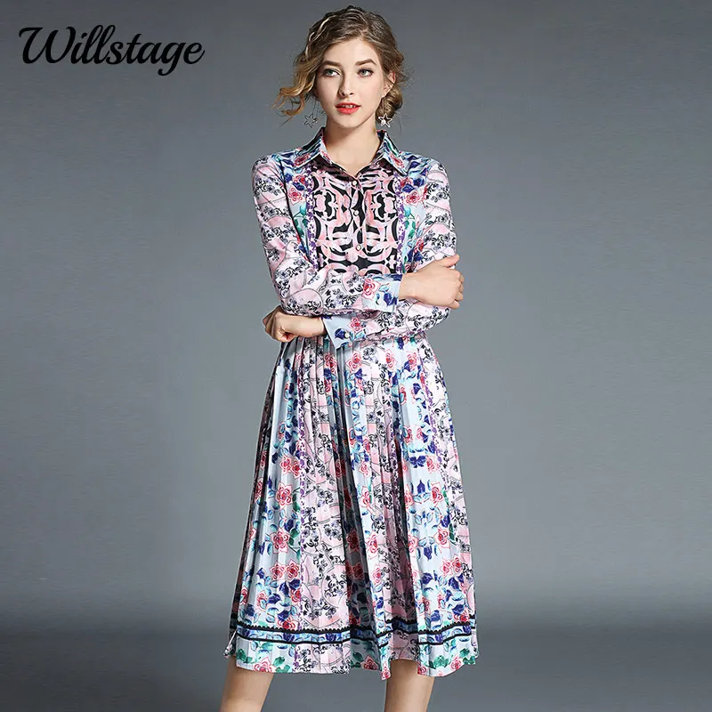 Willstage 2018 الخريف الشتاء منتصف اللباس الأزهار المطبوعة نمط مطوي فساتين النساء أنيقة بوهو طويل كم خمر Vestidos
