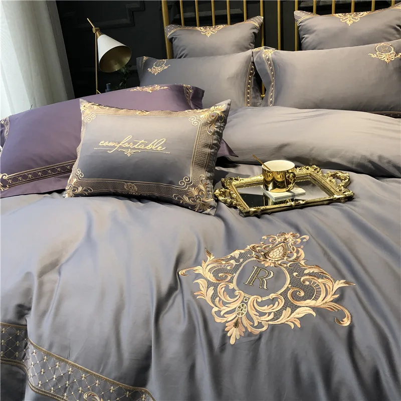 60 Египетский хлопок европейский стиль вышивка удобные постельные принадлежности RUIYEE бренд King Размеры постельный комплект набор пододеяльн - Цвет: Gray-purple 6pcs