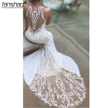 

Lace White Mermaid Wedding Dresses Vestido Noiva Simple Appliques Beach Bridal Gowns