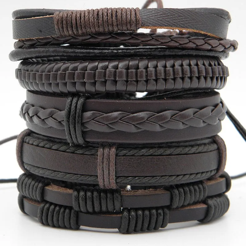 

5pcs/set Trendy Male leather Braided Wrap bracelets Multilayer Men's Vintage leather Wristband bracelets Jewelry Brown Xmas Gift