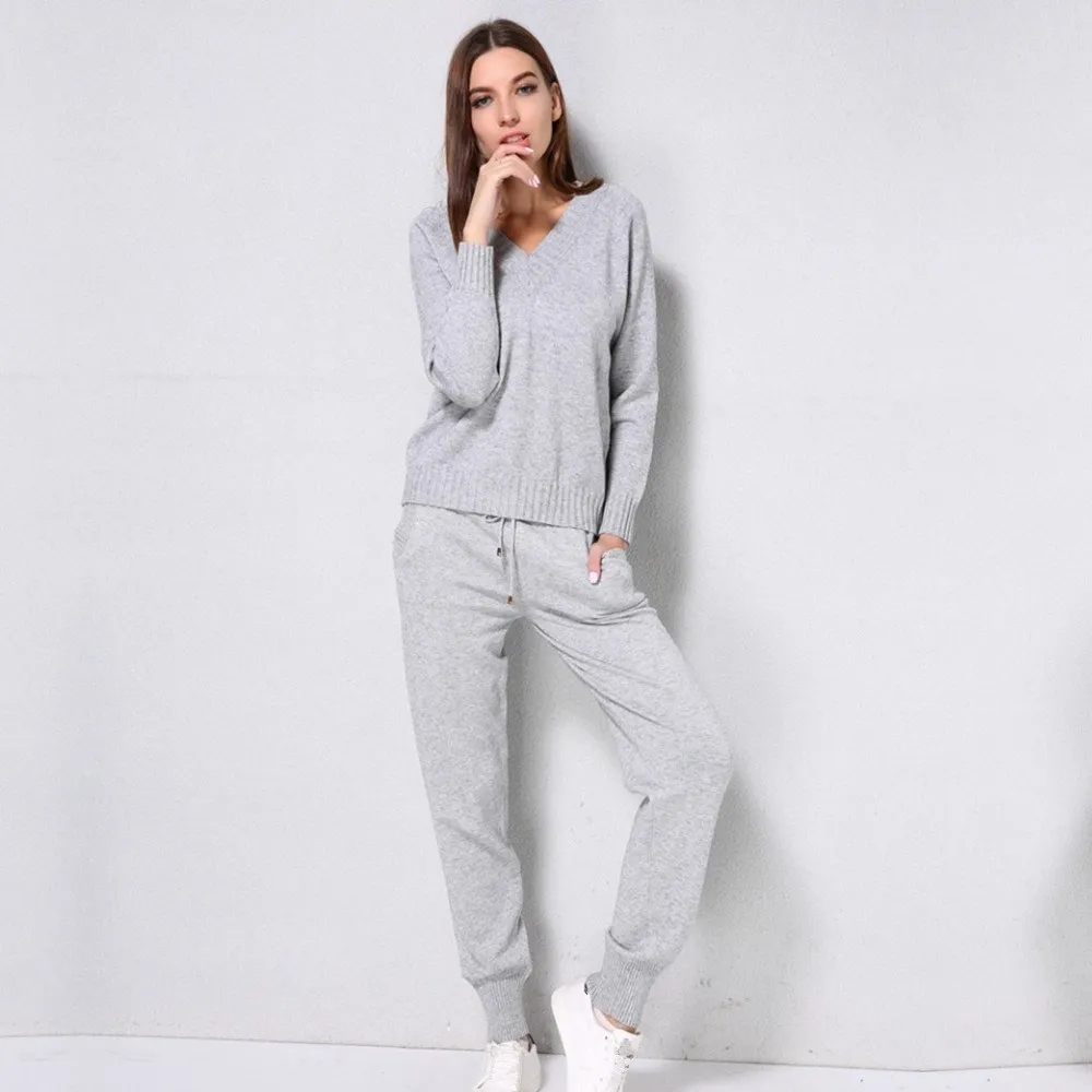 

Autumn Winter Women Sweater Sets Casual Sweaters Pants 2Pcs Track Suits V-Neck Solid Trousers Jumper Tops Knitted Sets
