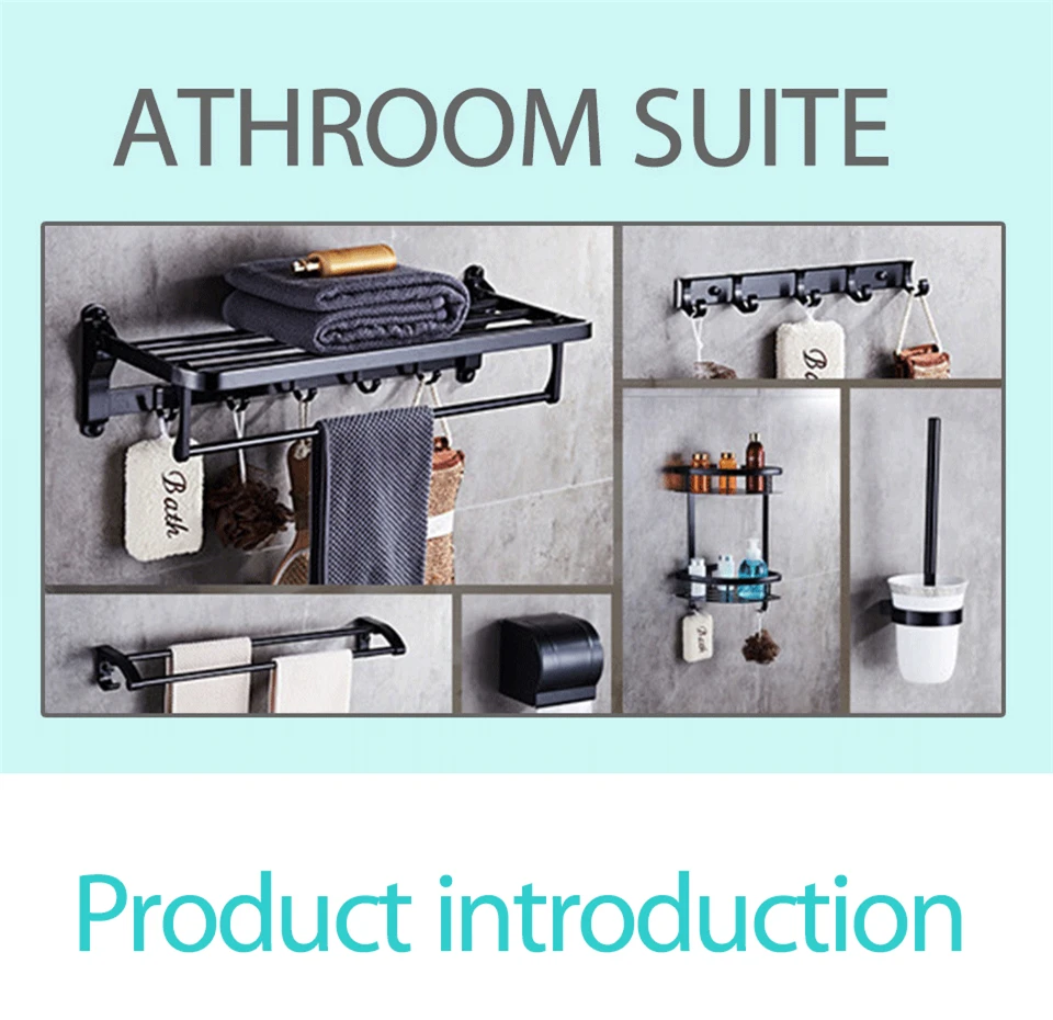 Eye Free Bathroom Accessories Black Towel Rack Hooks Shower Rack Corner Toilet Paper Holder Box Toilet Brush Towel Rails (1)