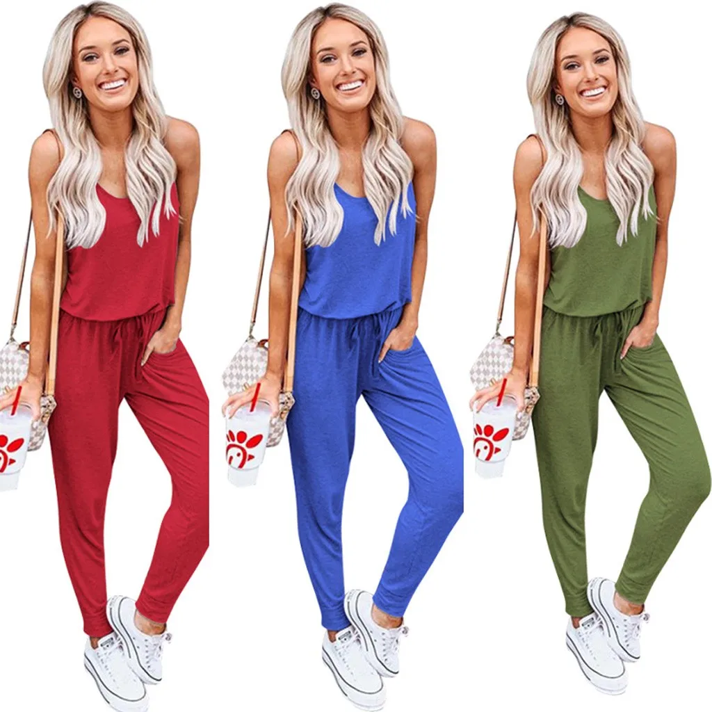 

CHAMSGEND Summer Jumpsuit Womens Summer Loose V Neck Spaghetti Strap Short Jumpsuit Rompers 2019 Casual Solid Jumpsuit Apr18
