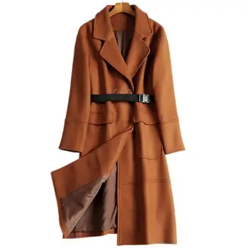 

2020 New autumn winter wool blend coat Women Elegant Long Overcoat Thicken Woolen Coats Loose with belt