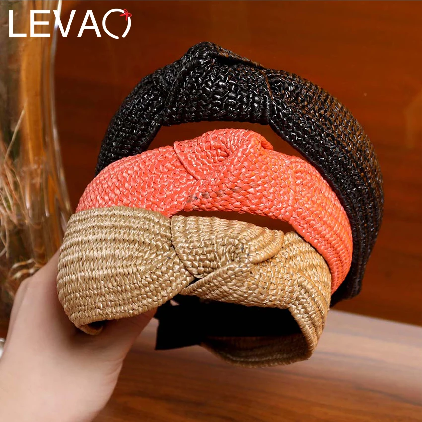 

LEVAO New Women Hairband Straw Weaving Knotted Headband Bohemian Wide Cross Knot Hair Bands Hoop Bezel Handmade Hair Accessories