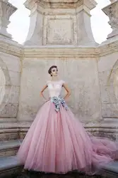 Vestido де Noiva кружева-up тюль 2016 старинные кружева свадебное платье розовый бесплатная доставка нью-лонг поезд бальное платье свадебные платья