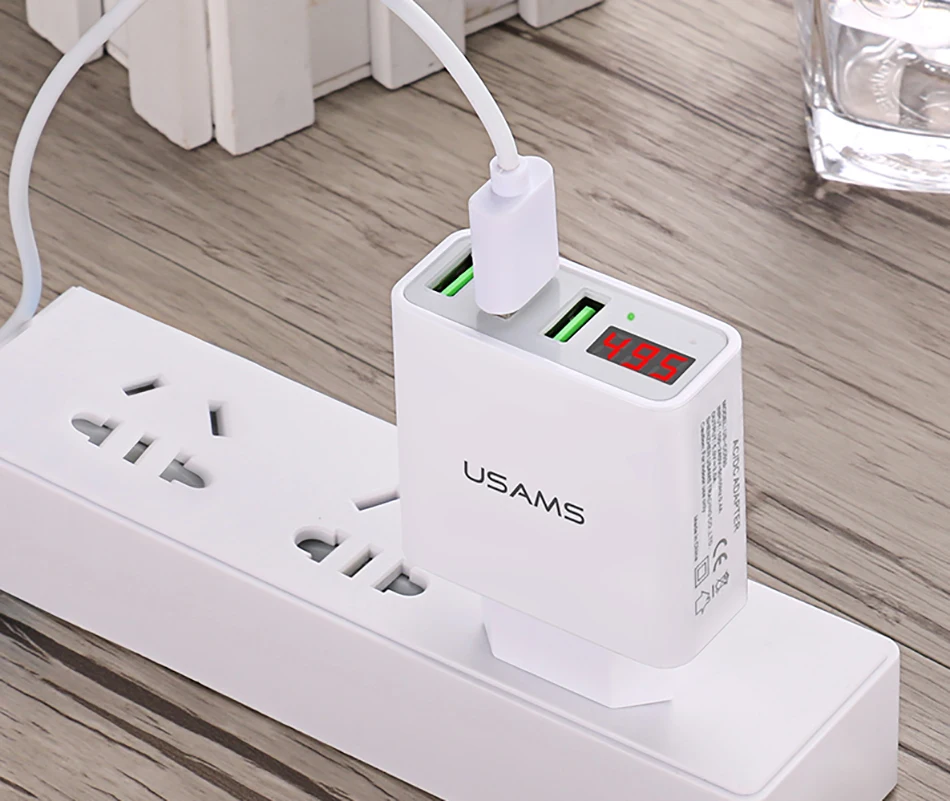 USAMS 3 порта USB зарядное устройство для телефона светодиодный дисплей ЕС/США штекер Макс 2.4A Смарт Быстрая зарядка мобильное зарядное устройство для iPhone iPad