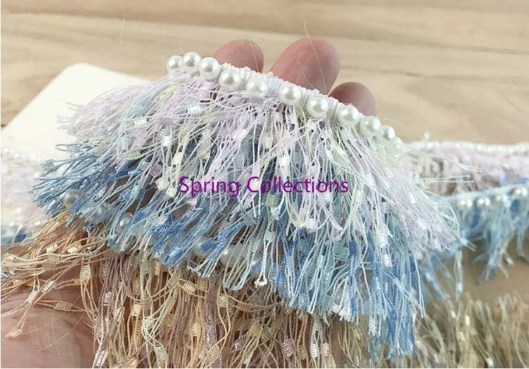 2yards Width35mm Handmade pearl fringe beaded small fragrance lace dangle garment trimmings for dancing dress clothing accessory