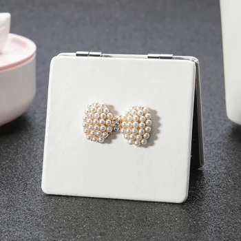 

Mini Pocket Beauty makeup mirror,2-face PU Leather Portable Magnifying Folding compact mirror Pearl Bowknot,Party Favors gift