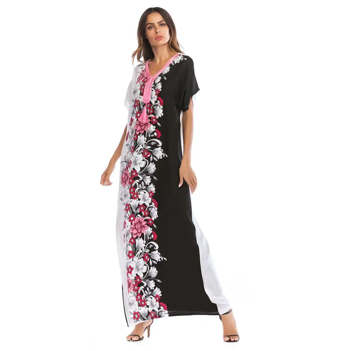 

2019 Summer Fashion Floral Print Maxi Dress Short Sleeve Casual Embroidery Women Muslim Dress Islamic Arab Dubai Abaya VKDR1586