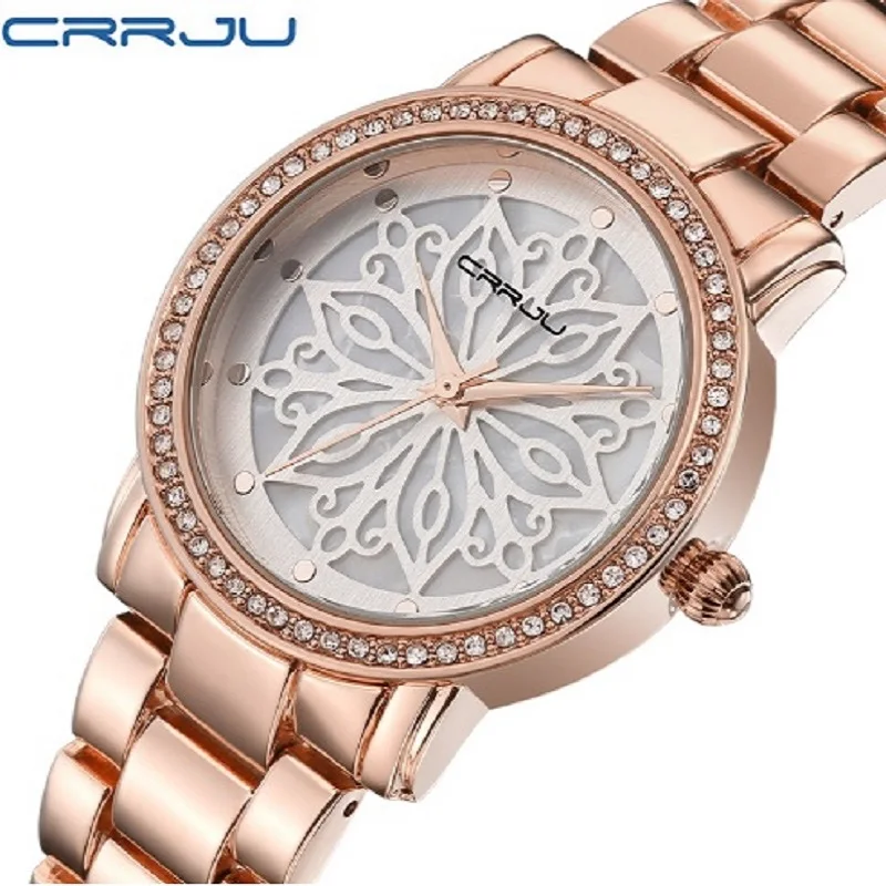 

Newest CRRJU Luxury Dress Brand Fashion Watches For Women Ladies Rose gold Diamond Relogio Feminino Clock Female Relojes Mujer