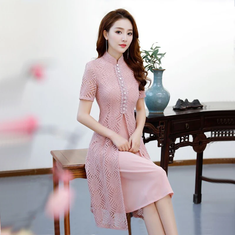 Short Style Pink Womens Mini Cheongsam Summer Chinese Lace Slim Qipao 