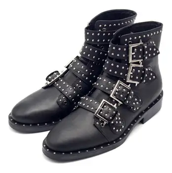 

Box rivets in a row buckle up punk street cowhide men boots fashion men shoes