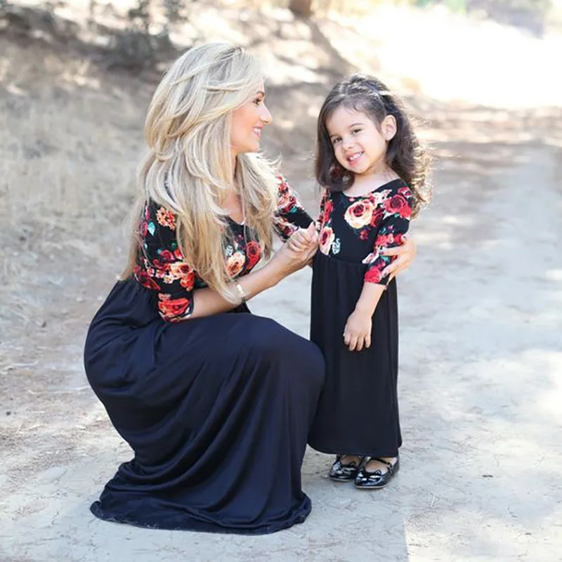 

2018 Mother Daughter Maxi Dresses Spring Summer Three Quarter Sleeve Mom and Daughter Dress Elegant Family Matching Clothing
