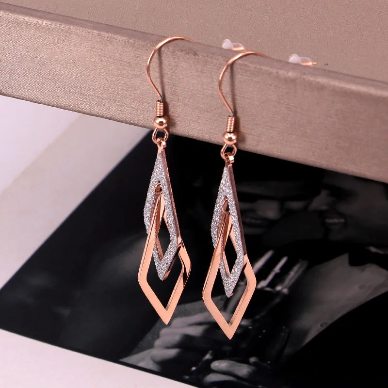 

J-Korea Stainless Steel Silver Dull Polish Geometric Cross Double Rhombus Drop Earrings Rose Gold Color Women Party Wedding Gift