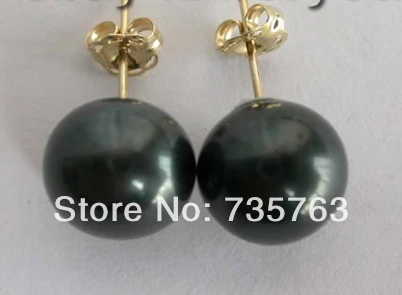 

xiuli 006 Natural 10mm FreshWater black Round Pearl earrings 14KGPT