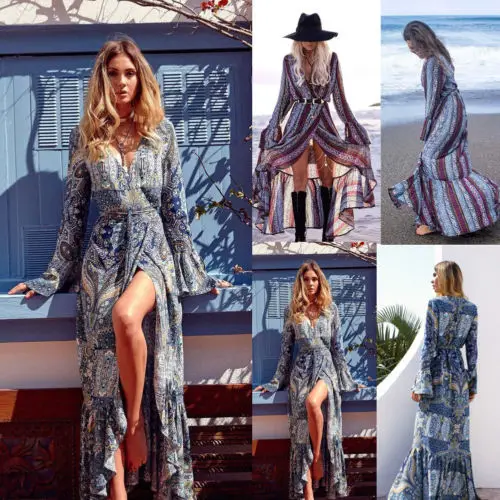Женское платье с цветочным принтом Boho длинное вечернее макси длинным рукавом
