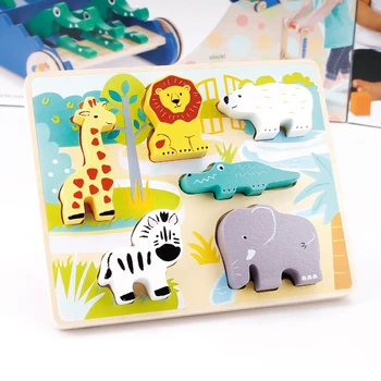 

wooden toy montessori wood block shape match game cartoon animal zoo giraffe lion zebra elephant polar bear crocodile board 1set