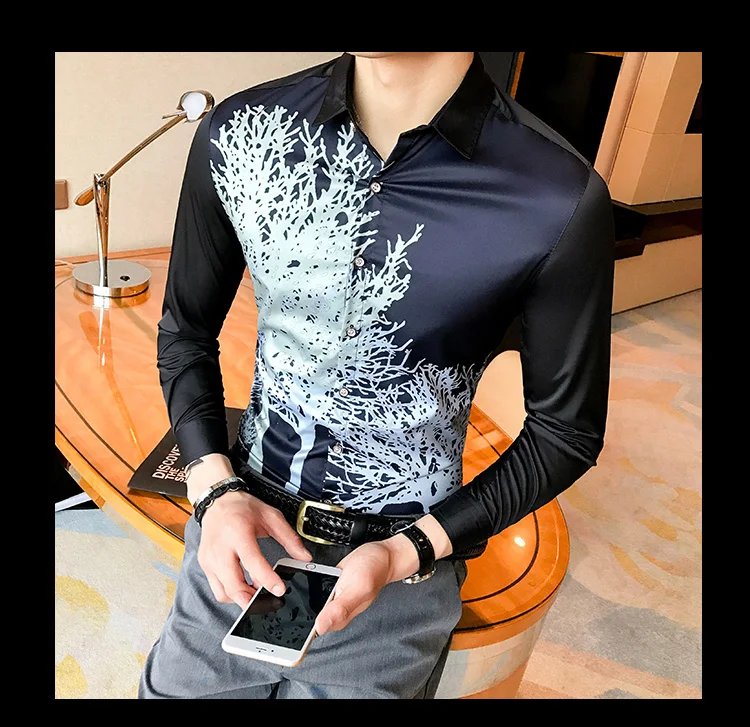 Вечерние мужские рубашки Camisa Social Masculina приталенные рубашки мужские оверсайз черные белые синие большие печатные Клубные мужские рубашки