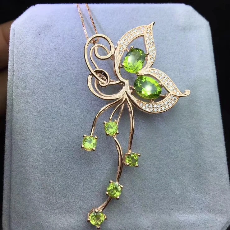  Mode grace papillon glands naturel vert péridot pendentif naturel olivine broche S925 argent femmes