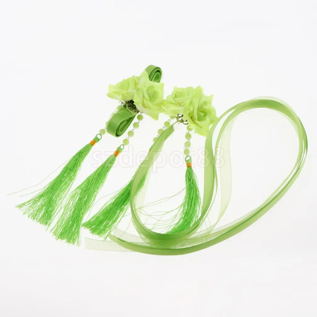 Ribbon Flower Chain Tassel Ancient Chinese Headdress Clip & Beads Dangle Earring Set Bridal Wedding Cosplay Party Hair Jewelry