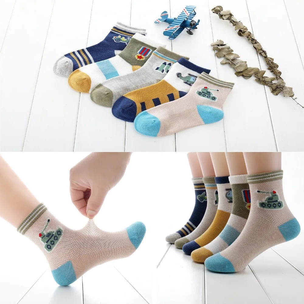 Kids socks 5 pairs children spring summer cartoon aircraft cotton breathable for 3-15 year