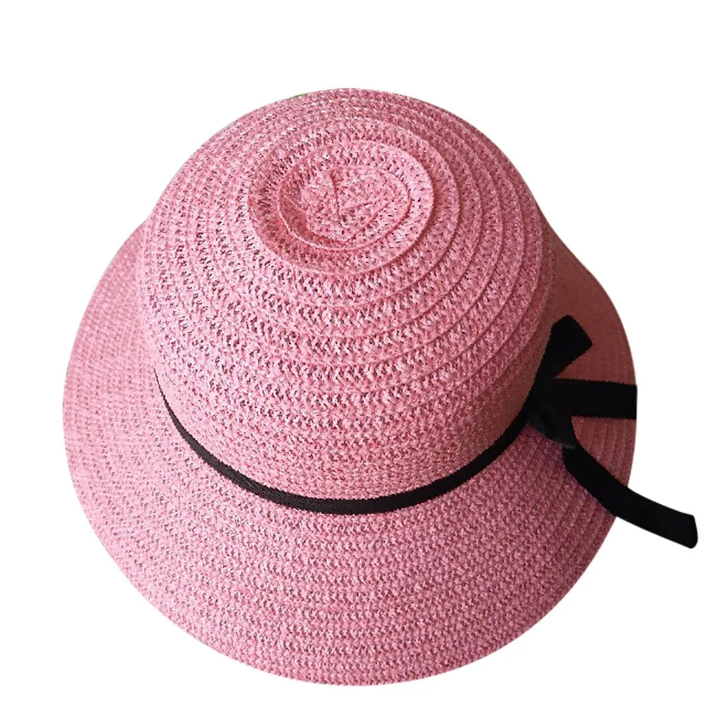 Гибкие складные солнцезащитные кепки с лентами, с круглым плоским верхом, Соломенная пляжная шляпа, Панама, летние шляпы для женщин, соломенная шляпа, Прямая поставка Z0325 - Цвет: Pink